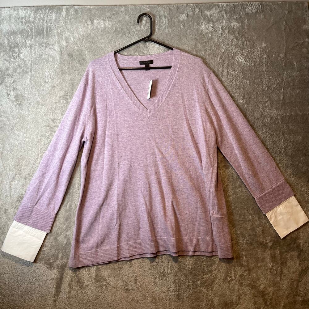 J.Crew Lavender Purple V-Neck Sweater With Shirt Cuffs Wool Blend Size Large New